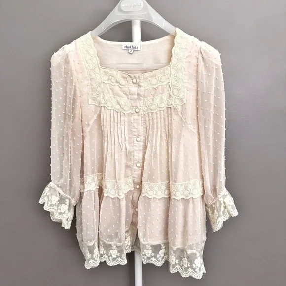 Vintage Romantic Boho Cottagecore Lace Collar Cream White Button Down Blouse - Picture 14 of 15